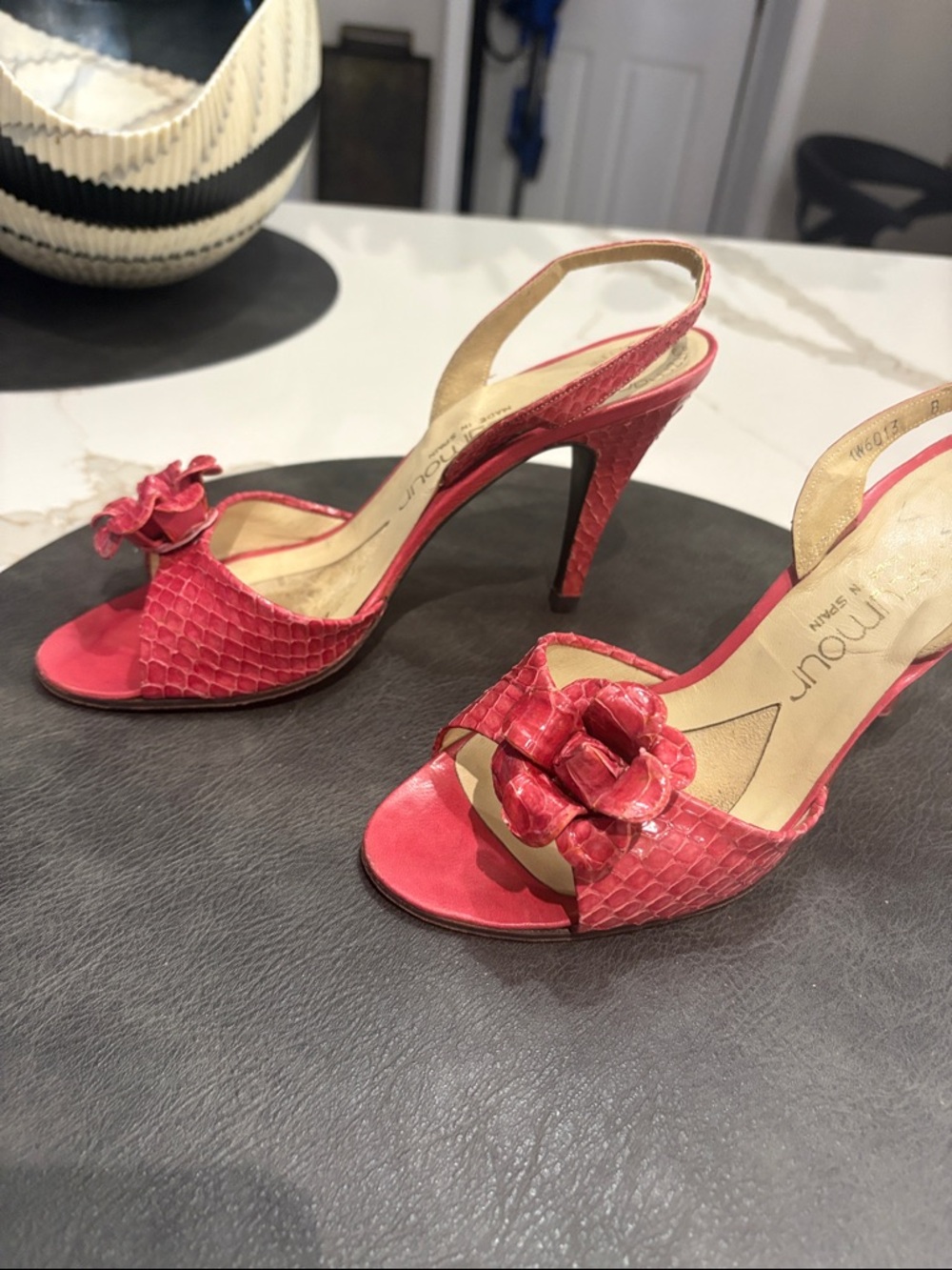 Pink Floral Slingback Heels with Textured Finish